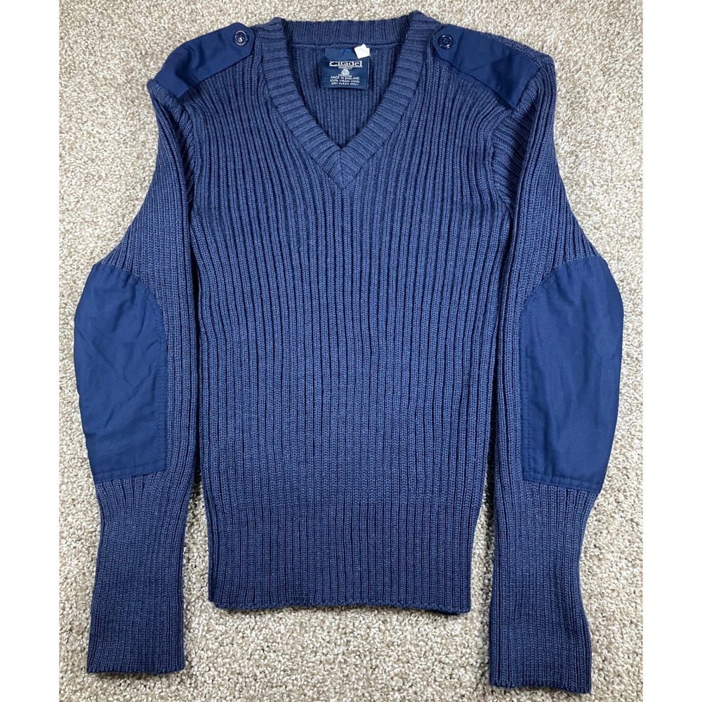 Citadel Mens Navy Blue Wool V-Neck Ribbed Military Commando Sweater Size 36